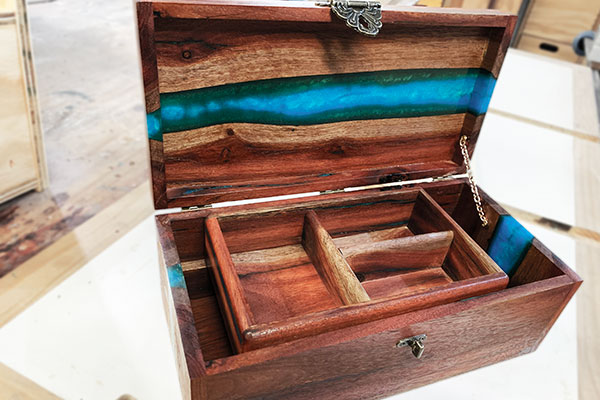 Wooden jewellery box with tray insert and epoxy resin detailing